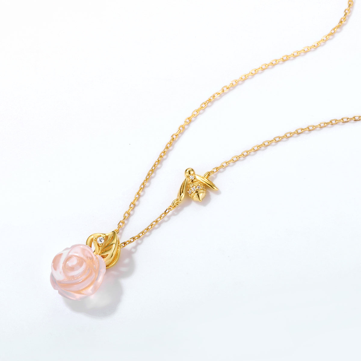Rose Quartz Rose and Bee Pendant Necklace