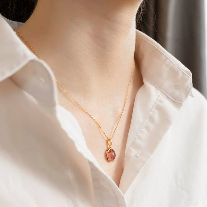 Strawberry Quartz Oval Cut Pendant Necklace