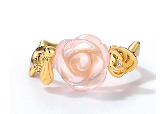 Rose Quartz Rose Flower Adjustable Ring