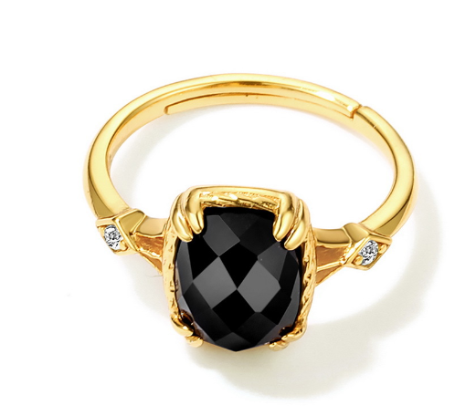 Black Agate Radiant Cut Adjustable Ring