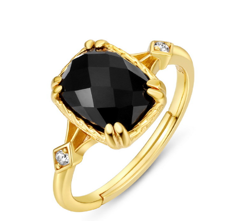 Black Agate Radiant Cut Adjustable Ring