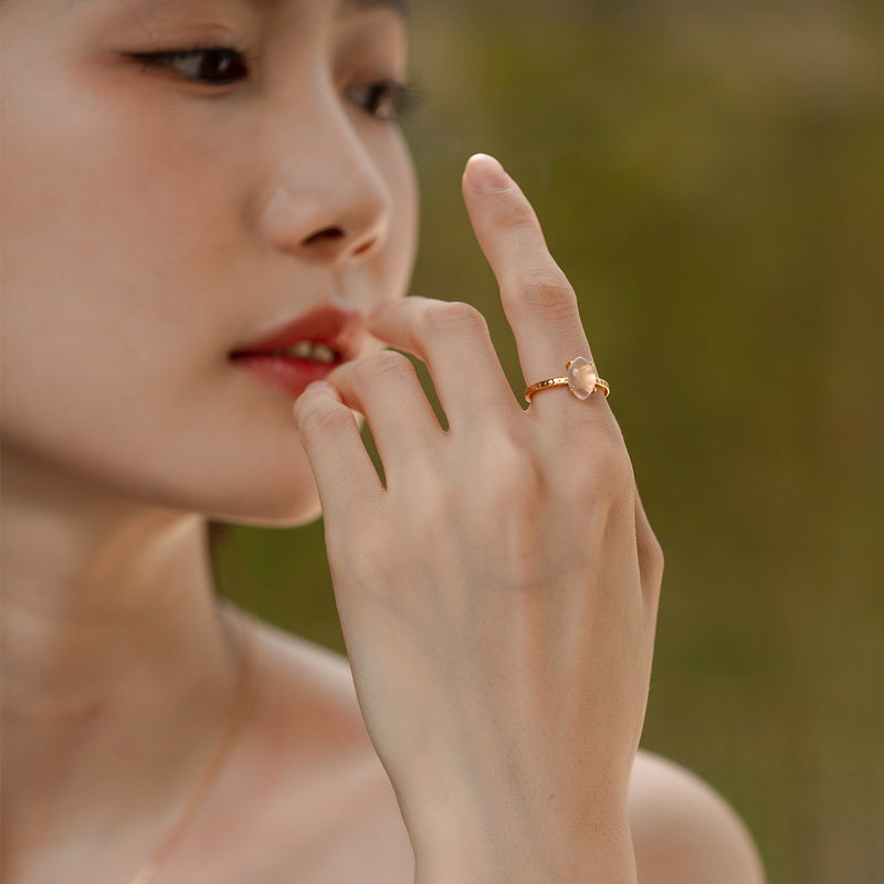 Rose Quartz Almond Shape Crystal Adjustable Ring