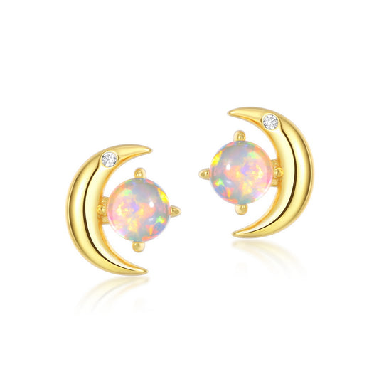 Opal Crescent Moon Stud Earrings