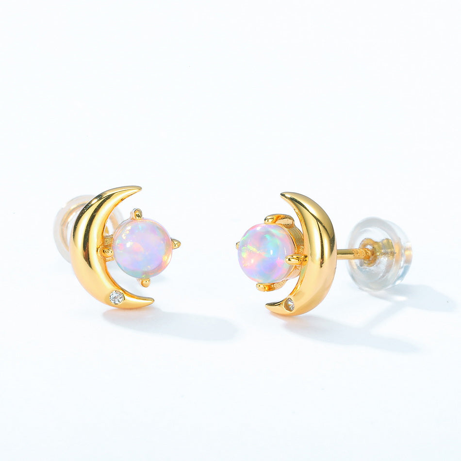 Opal Crescent Moon Stud Earrings