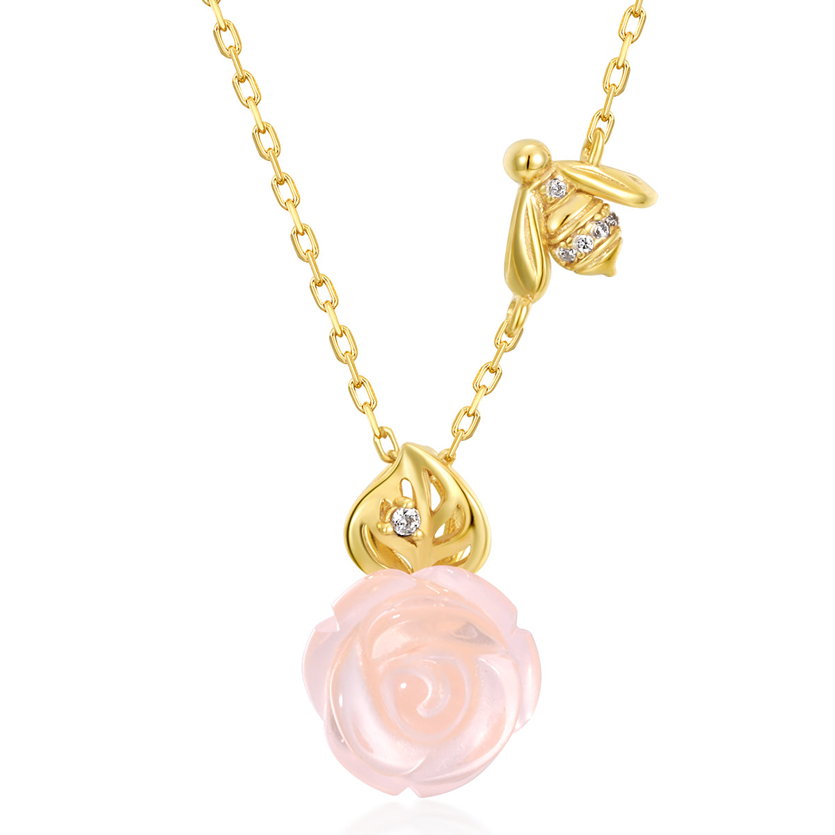 Rose Quartz Rose and Bee Pendant Necklace