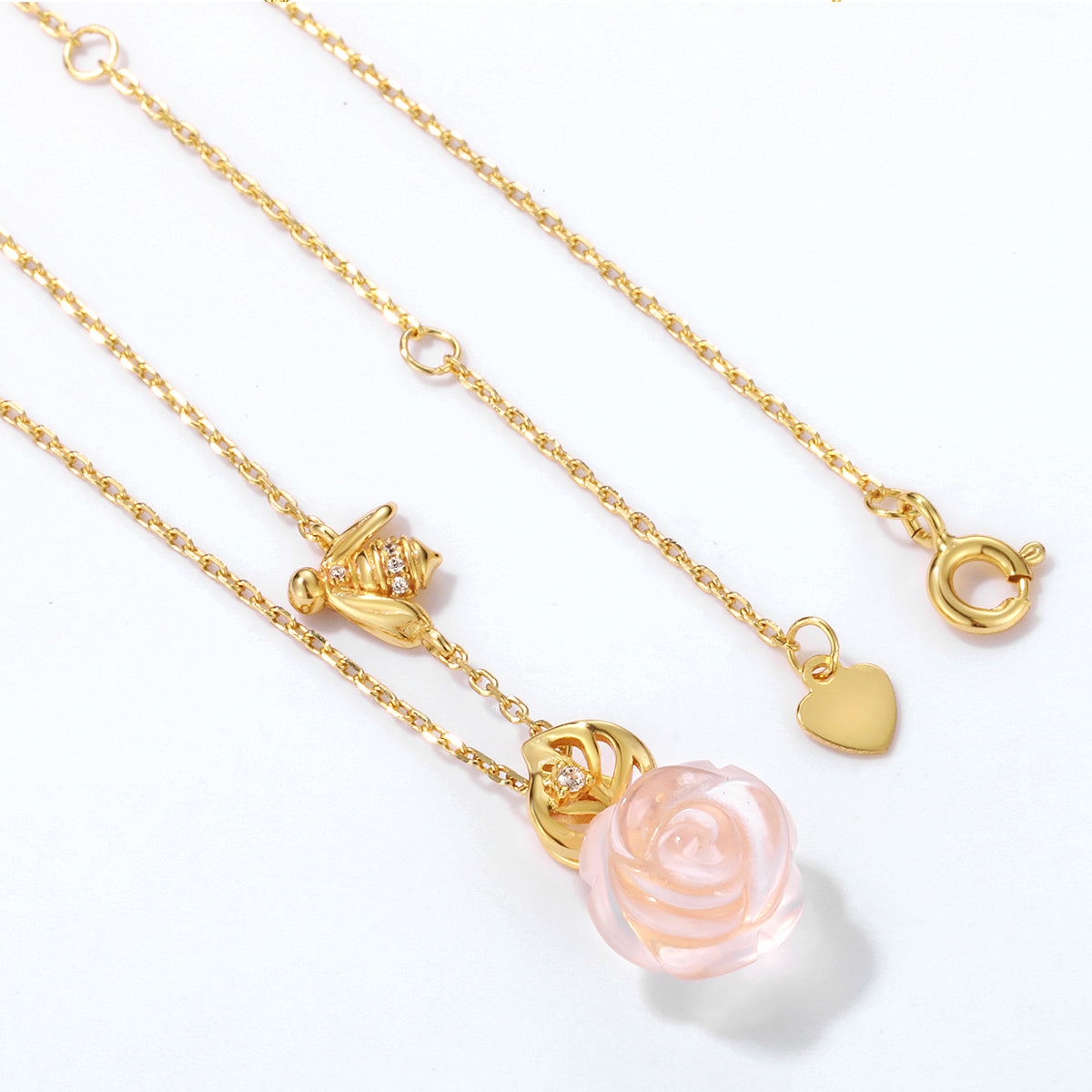 Rose Quartz Rose and Bee Pendant Necklace