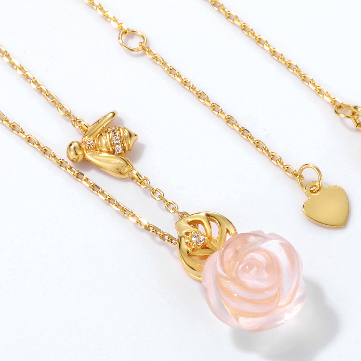 Rose Quartz Rose and Bee Pendant Necklace