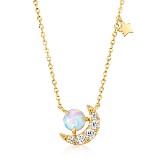 Opal Crescent Moon Pendant Necklace