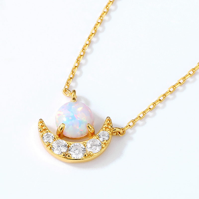 Opal Crescent Moon Pendant Necklace