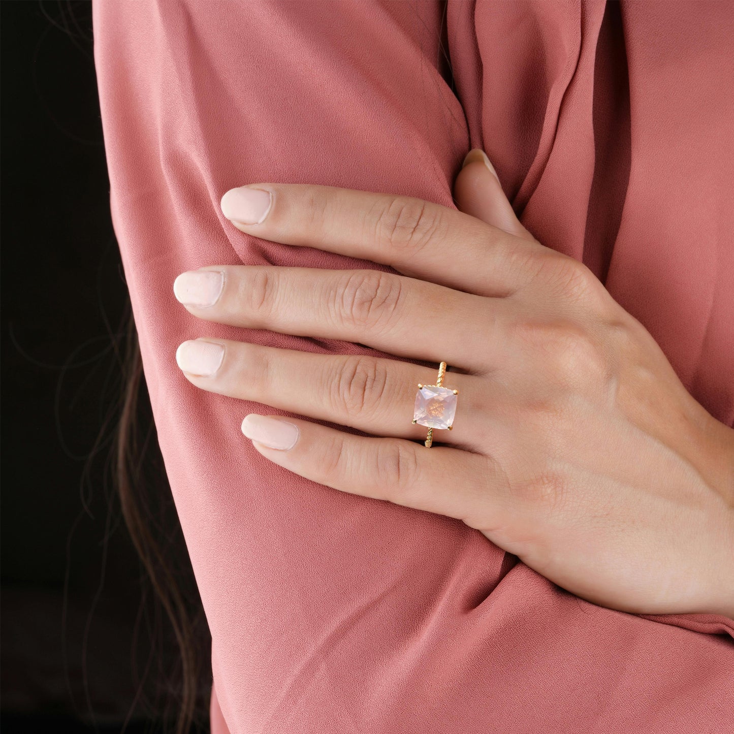 Rose Quartz Princess Cut Adjustable Ring