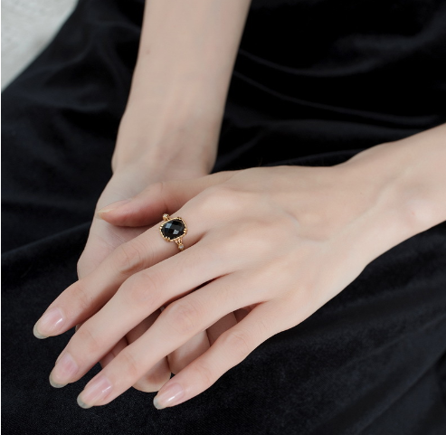 Black Agate Radiant Cut Adjustable Ring