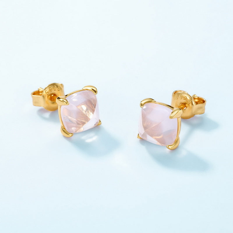 Rose Quartz Pyramid Stud Earrings