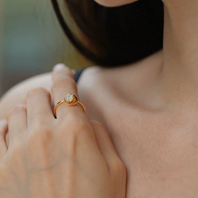 Opal Crescent Moon Adjustable Ring